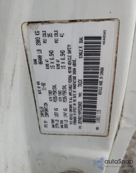 1993 Dodge Ram Van B250 z USA, uszkodzony, nr VIN 2B7HB21YXPK525069